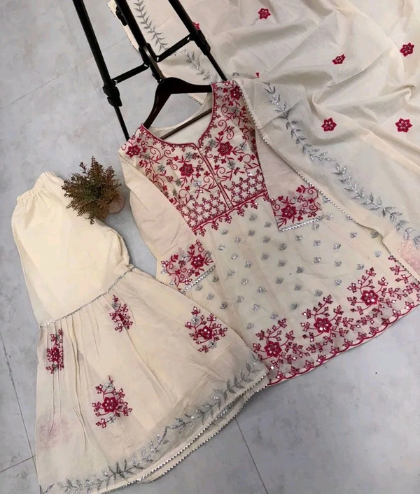 Off White Kurti Sharara in Camric Cotton With Sequence Embroidery Work for Women - Double Spanish White, XXL