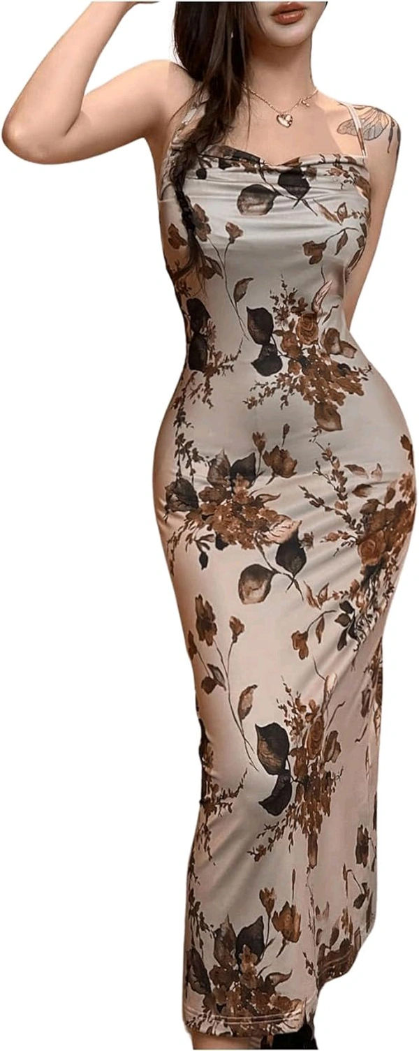 Women's Floral Print Bodycon Cami Dress Cowl Neck Spaghetti Strap Midi Dresses - Vanilla, L