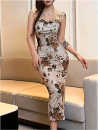Women's Floral Print Bodycon Cami Dress Cowl Neck Spaghetti Strap Midi Dresses - Vanilla, L