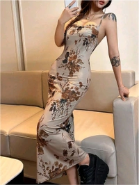 Women's Floral Print Bodycon Cami Dress Cowl Neck Spaghetti Strap Midi Dresses - Vanilla, L