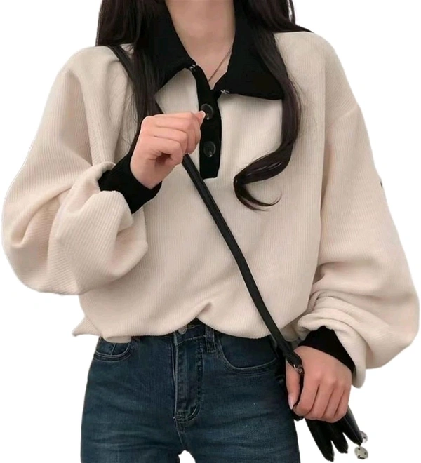 Korean Style T-shirt With Collar Style Cotton Blend Crop Top - Vanilla, L