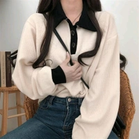 Korean Style T-shirt With Collar Style Cotton Blend Crop Top - Vanilla, L