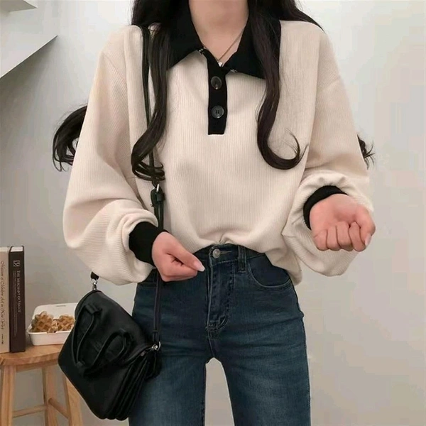 Korean Style T-shirt With Collar Style Cotton Blend Crop Top - Vanilla, L