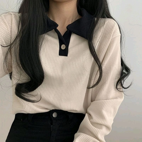 Korean Style T-shirt With Collar Style Cotton Blend Crop Top - Vanilla, L
