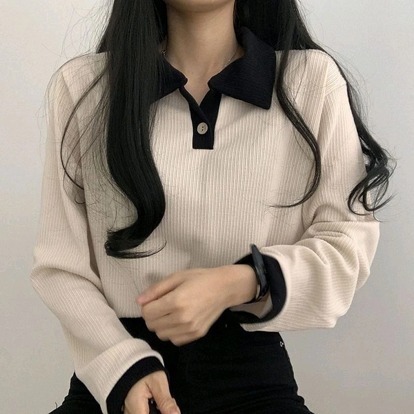 Korean Style T-shirt With Collar Style Cotton Blend Crop Top - Vanilla, L