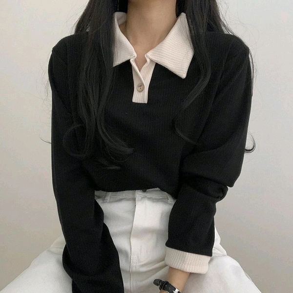 Korean Style T-shirt With Collar Style Cotton Blend Crop Top - Black, M