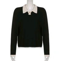 Korean Style T-shirt With Collar Style Cotton Blend Crop Top - Black, M