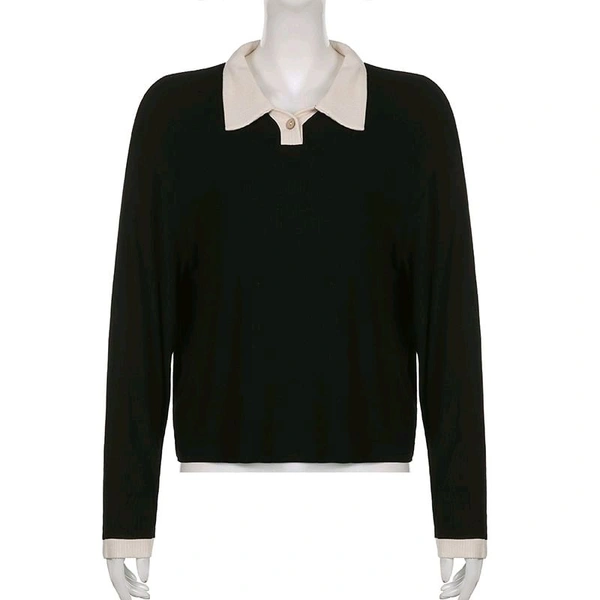 Korean Style T-shirt With Collar Style Cotton Blend Crop Top - Black, M