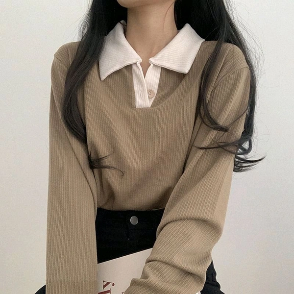 Korean Style T-shirt With Collar Style Cotton Blend Crop Top - Sand Dune, S