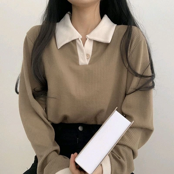 Korean Style T-shirt With Collar Style Cotton Blend Crop Top - Sand Dune, S