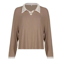 Korean Style T-shirt With Collar Style Cotton Blend Crop Top - Sand Dune, S