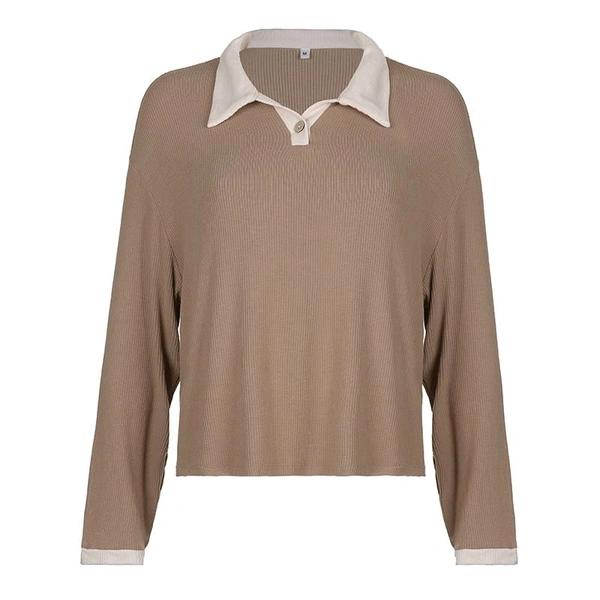 Korean Style T-shirt With Collar Style Cotton Blend Crop Top - Sand Dune, S