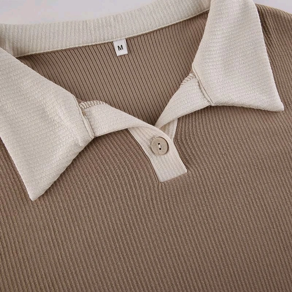Korean Style T-shirt With Collar Style Cotton Blend Crop Top - Sand Dune, S