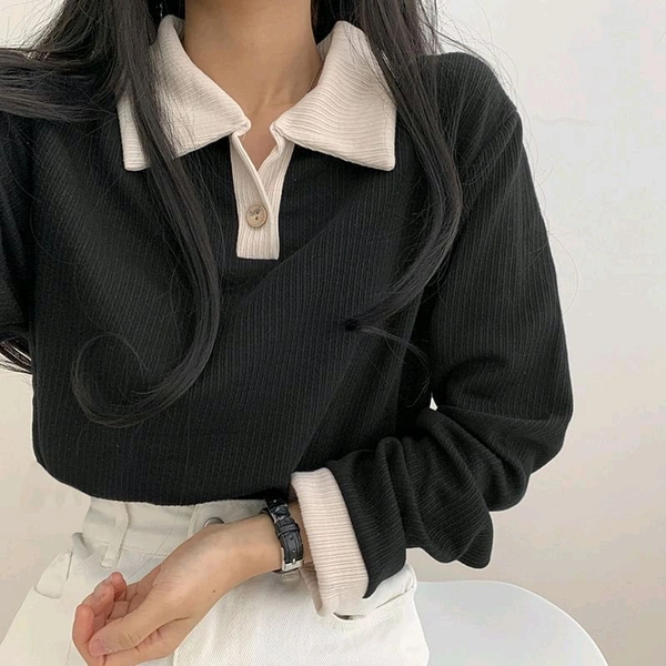 Korean Style T-shirt With Collar Style Cotton Blend Crop Top - Black, XL