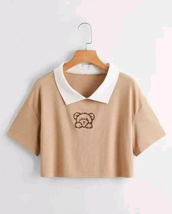 Korean Style  T-shirt With Collar Style Cotton Blend Crop Top Comfy Trendy Women Tops & Tunics | Half Sleeves T-Shirt for Women & Girl's 
 - Cameo, XL