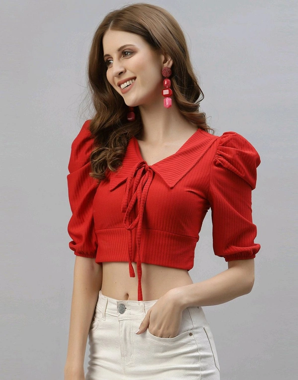 Selvia Women's Lycra Knitted & Solid Crop Top - Red, L