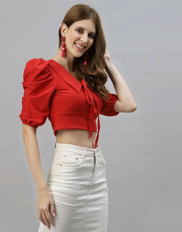 Selvia Women's Lycra Knitted & Solid Crop Top - Red, L