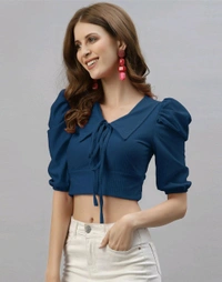 Selvia Women's Lycra Knitted & Solid Crop Top - Nile Blue, L