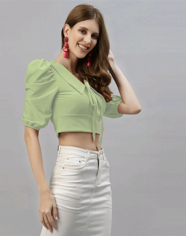 Selvia Women's Lycra Knitted & Solid Crop Top - Sage, M