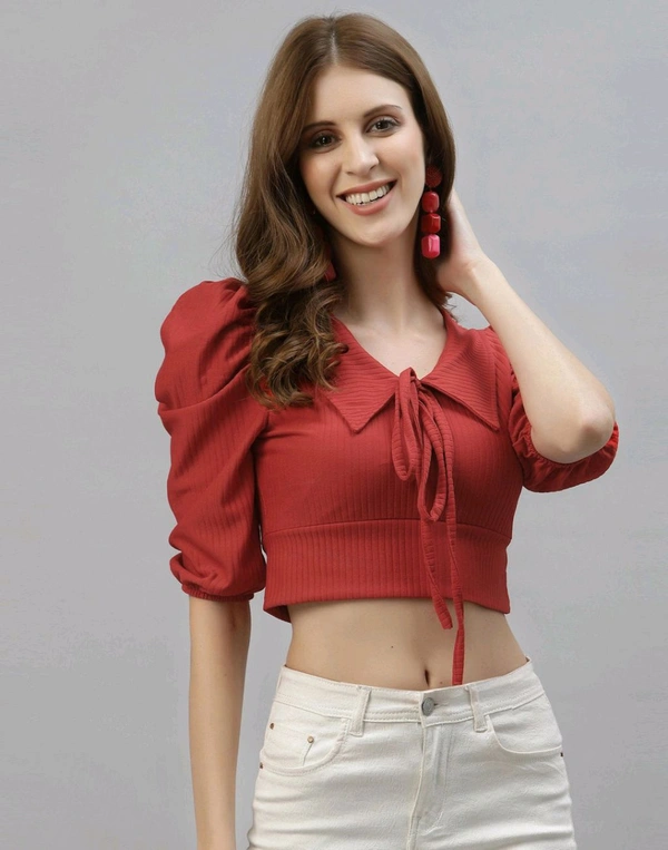 Selvia Women's Lycra Knitted & Solid Crop Top - Medium Carmine, XL