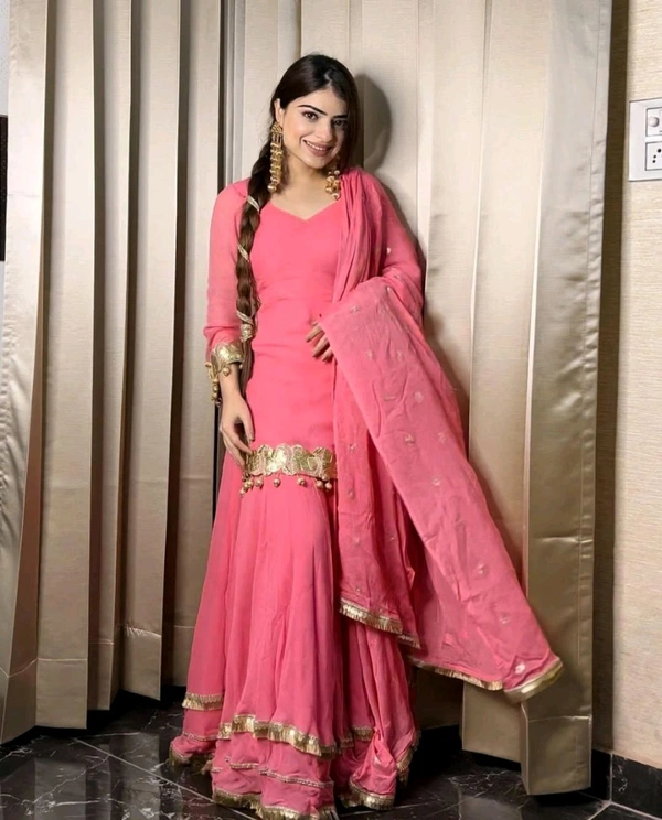 Heavy Designer Chinnon Silk Kurta And Palazzo With Dupatta For Wedding & Party
 - Froly, L