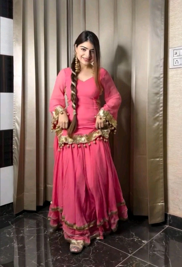 Heavy Designer Chinnon Silk Kurta And Palazzo With Dupatta For Wedding & Party
 - Froly, L