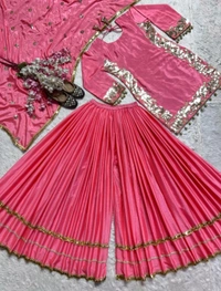 Heavy Designer Chinnon Silk Kurta And Palazzo With Dupatta For Wedding & Party
 - Froly, XXL