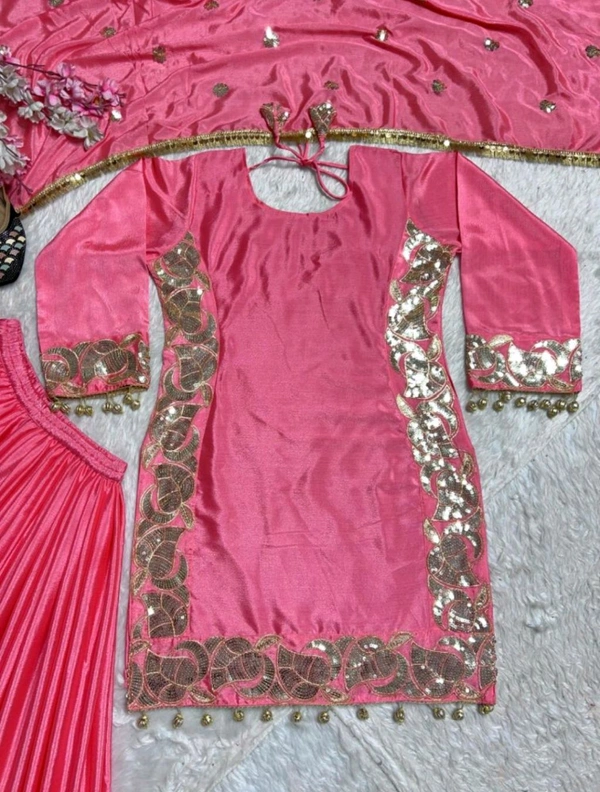 Heavy Designer Chinnon Silk Kurta And Palazzo With Dupatta For Wedding & Party
 - Froly, XXL