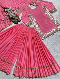 Heavy Designer Chinnon Silk Kurta And Palazzo With Dupatta For Wedding & Party
 - Froly, XXL