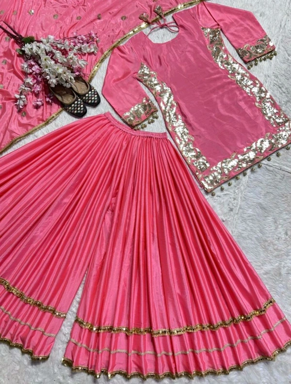 Heavy Designer Chinnon Silk Kurta And Palazzo With Dupatta For Wedding & Party
 - Froly, XXL