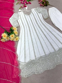 Mahira off-white short anarkali with plazo and organza pink dupatta - White, Free