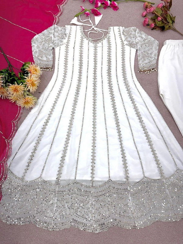 Mahira off-white short anarkali with plazo and organza pink dupatta - White, XL