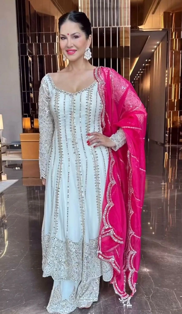Mahira off-white short anarkali with plazo and organza pink dupatta - White, XXL