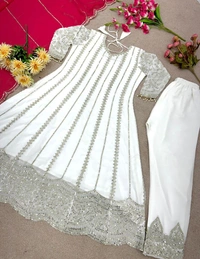 Mahira off-white short anarkali with plazo and organza pink dupatta - White, XXL
