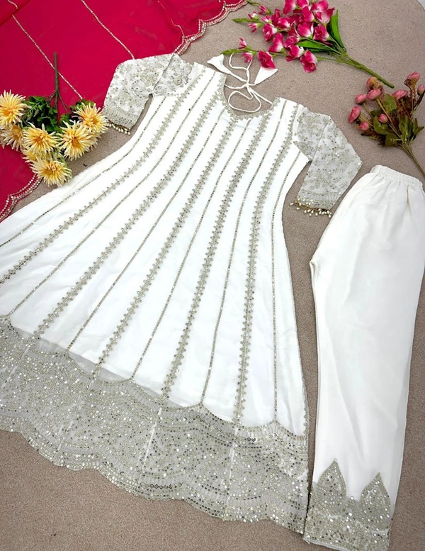 Mahira off-white short anarkali with plazo and organza pink dupatta - White, XXL