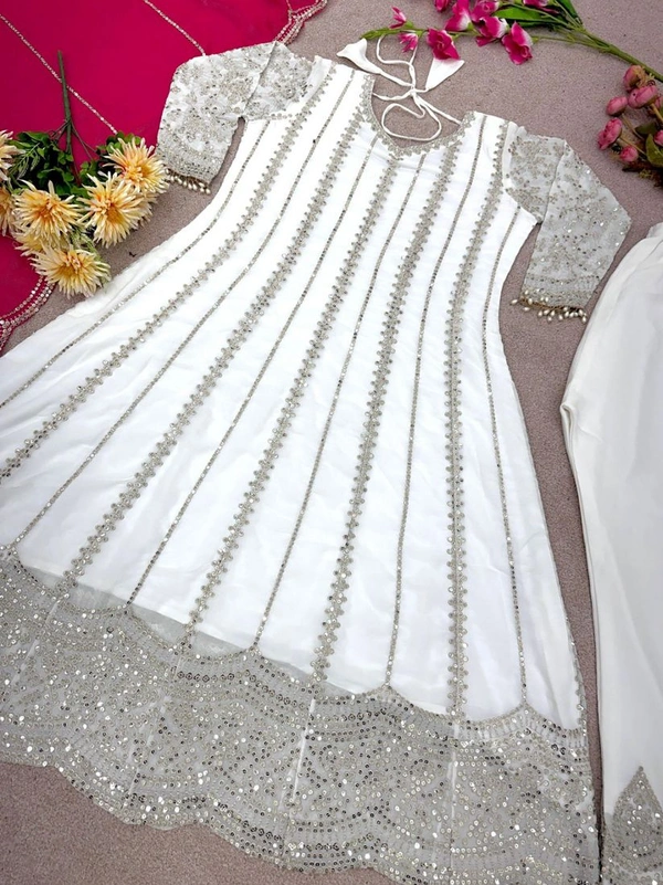 Mahira off-white short anarkali with plazo and organza pink dupatta - White, XXL