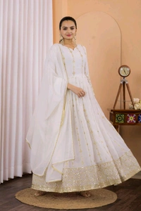 LUNCHING NEW FESTIVAL SPECIAL GOWN & DUPATTA SET - White, L