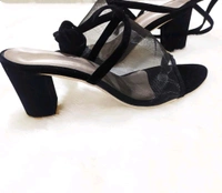 Women's Mesh Block Heel Black Lace Up Sandals - 6 
 - Black, 3