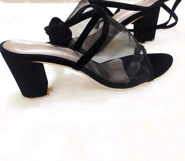 Women's Mesh Block Heel Black Lace Up Sandals - 6 
 - Black, 3