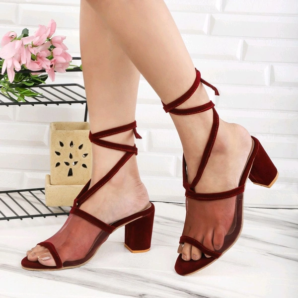 Women's Mesh Block Heel Black Lace Up Sandals - 6 
 - maroon, 3