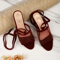 Women's Mesh Block Heel Black Lace Up Sandals - 6 
 - maroon, 3