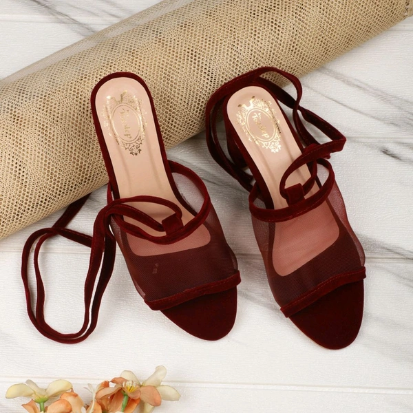 Women's Mesh Block Heel Black Lace Up Sandals - 6 
 - maroon, 3