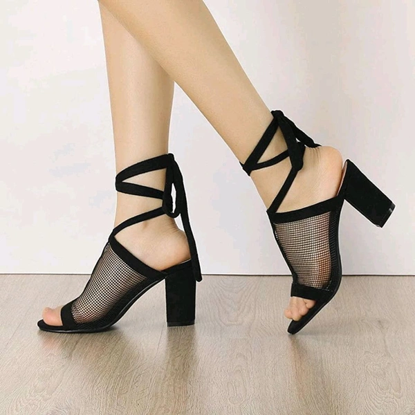 Women's Mesh Block Heel Black Lace Up Sandals - 6 
 - Black, 4