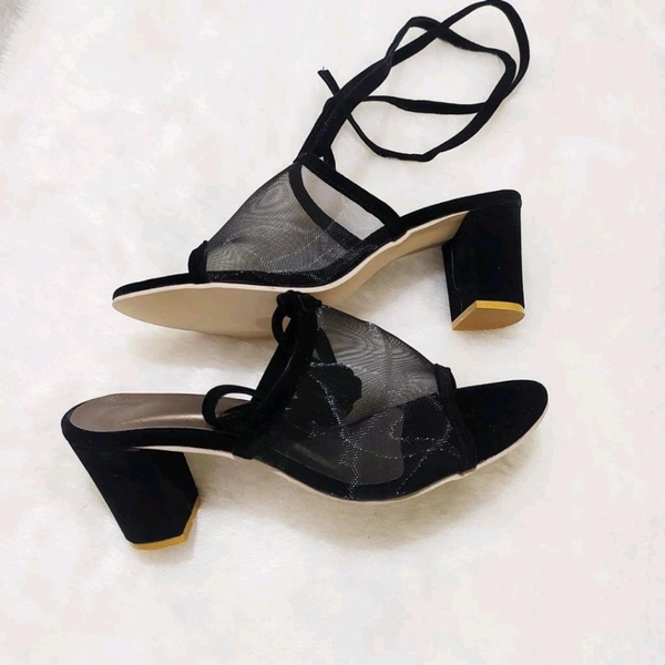 Women's Mesh Block Heel Black Lace Up Sandals - 6 
 - Black, 4