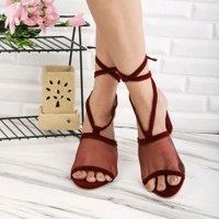 Women's Mesh Block Heel Black Lace Up Sandals - 6 
 - maroon, 5