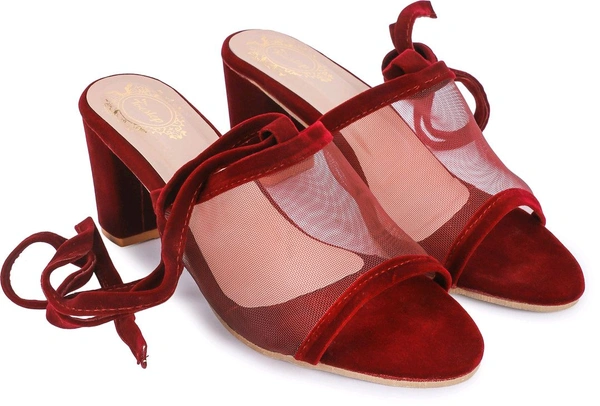 Women's Mesh Block Heel Black Lace Up Sandals - 6 
 - maroon, 5