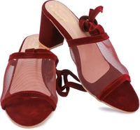 Women's Mesh Block Heel Black Lace Up Sandals - 6 
 - maroon, 7