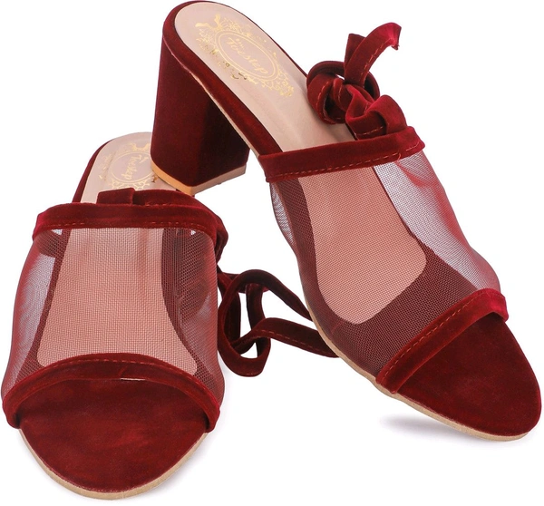 Women's Mesh Block Heel Black Lace Up Sandals - 6 
 - maroon, 7