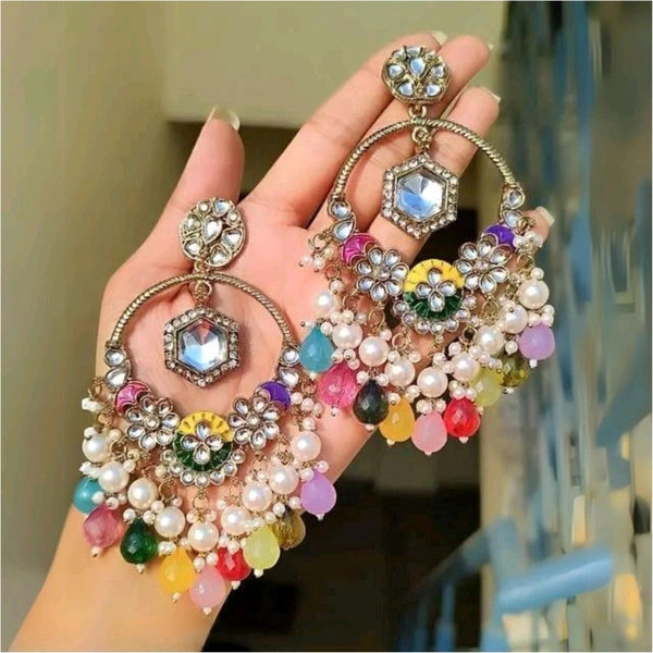 Afghani Multicolor Bollywood Style Kundan Jhumka Earrings Enameled Jewelry Set - Golden, Free Size