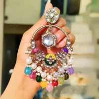 Afghani Multicolor Bollywood Style Kundan Jhumka Earrings Enameled Jewelry Set - Golden, Free Size